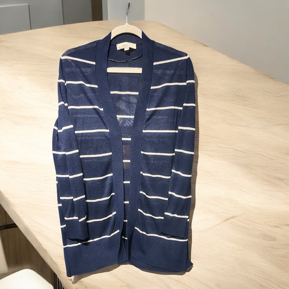 LOFT Navy Striped Cardigan